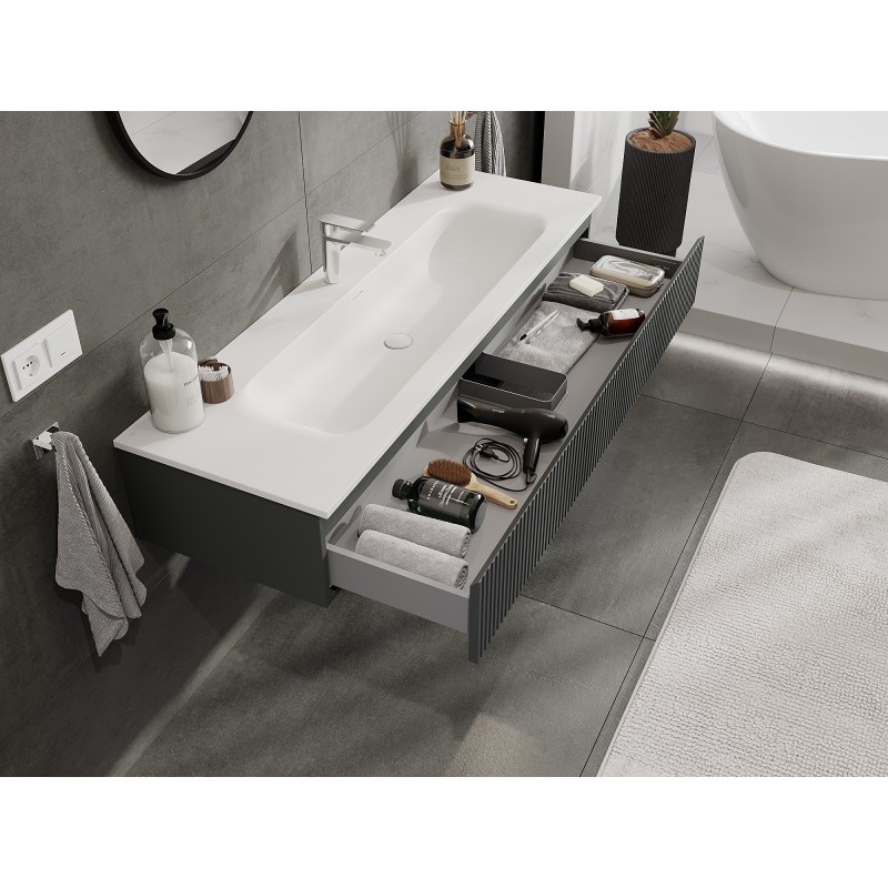 Mexen Rivel Badezimmerschrank 140 cm mit Waschbecken Vela, 1 Schublade, gerillt, graphit matt/weiß matt -