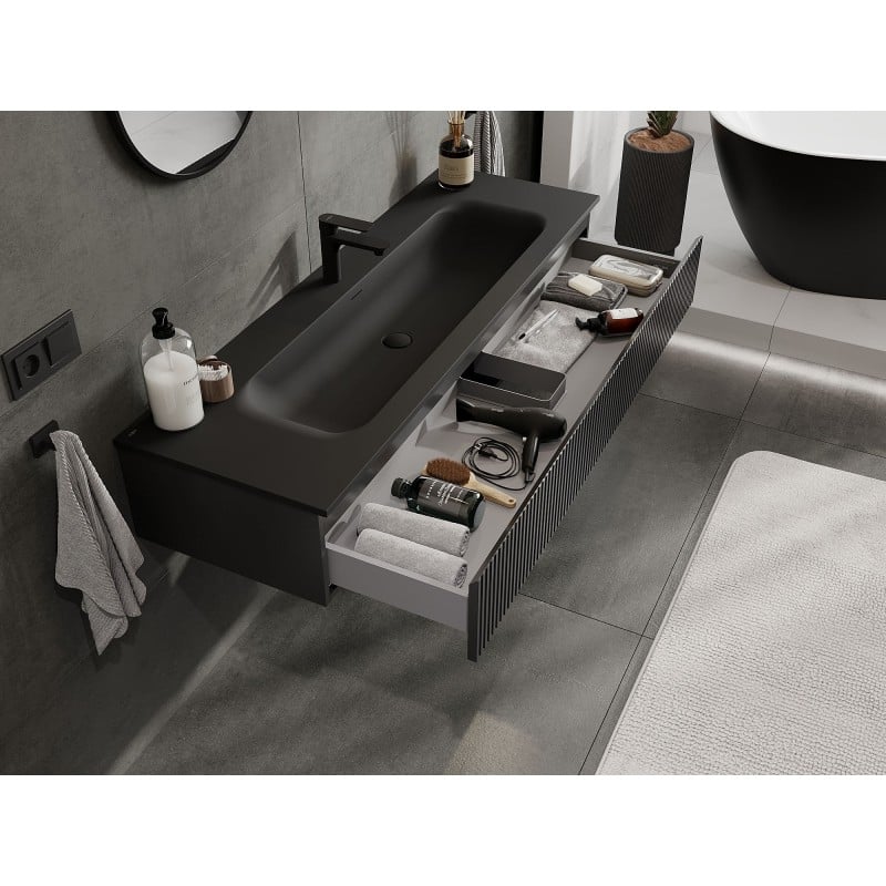 Mexen Rivel Badezimmerschrank 140 cm mit Waschbecken Vela, 1 Schublade, geriffelt, schwarz matt - 91A20-14023-1-BF71-W23M71