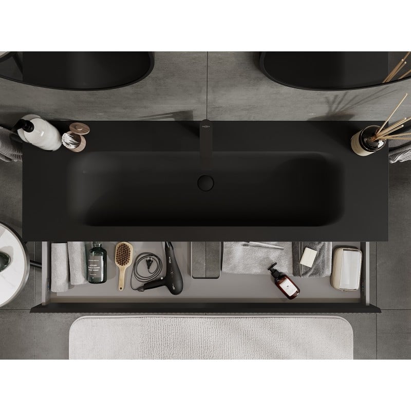 Mexen Rivel Badezimmerschrank 140 cm mit Waschbecken Vela, 1 Schublade, geriffelt, schwarz matt - 91A20-14023-1-BF71-W23M71