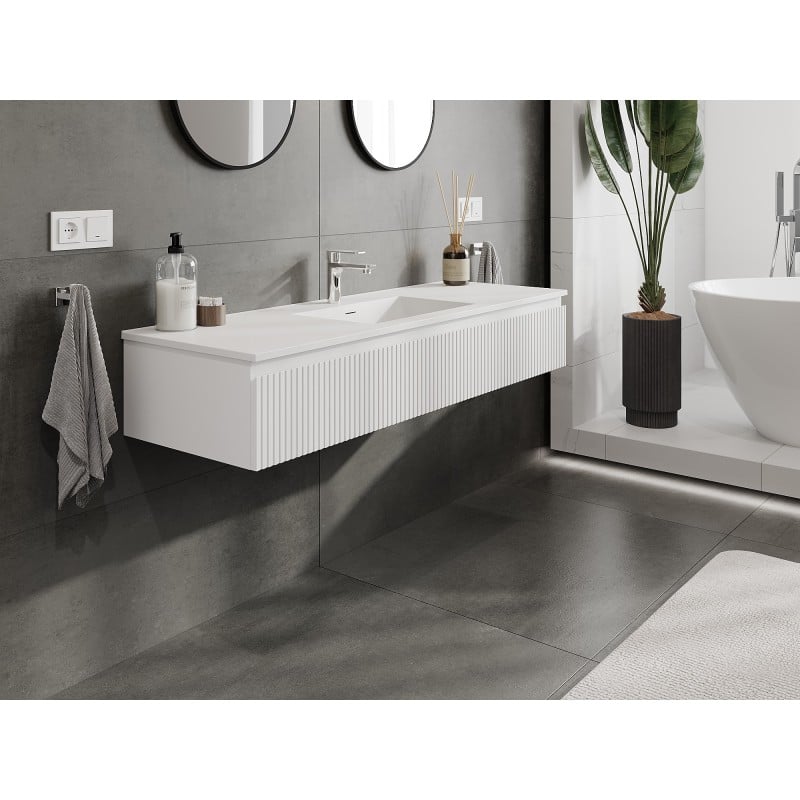 Mexen Rivel Badezimmer-Schrank 140 cm mit Waschbecken Otis, 1 Schublade, gerillt, weiß matt - 91A20-14023-1-BF01-W18M01