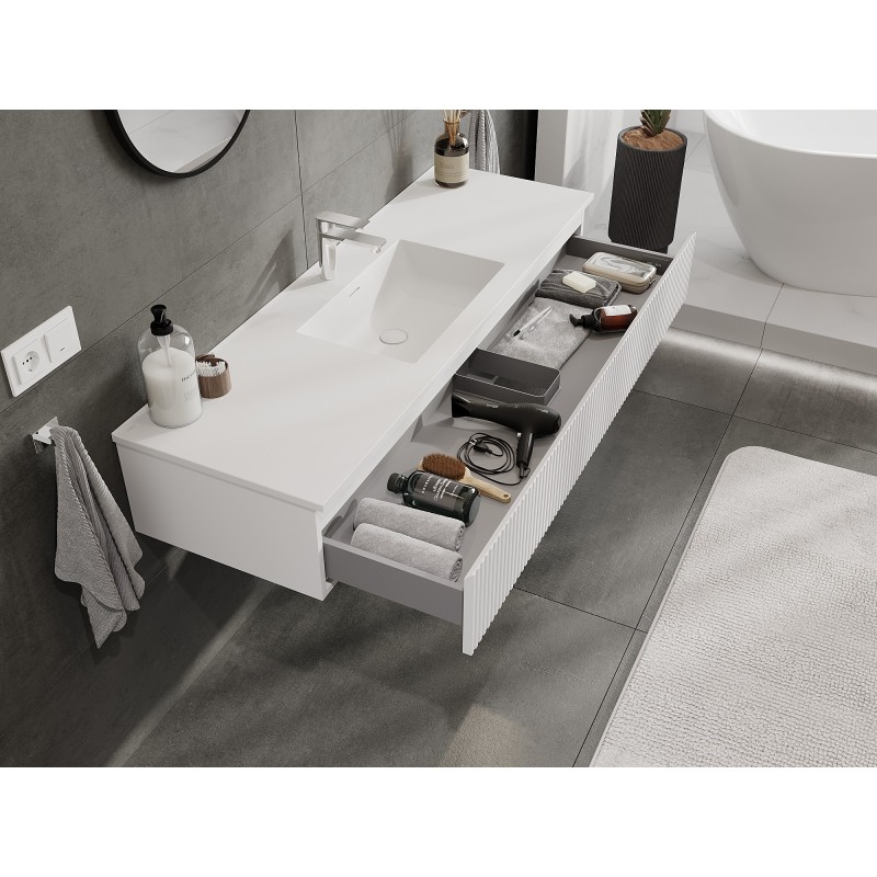 Mexen Rivel Badezimmer-Schrank 140 cm mit Waschbecken Otis, 1 Schublade, gerillt, weiß matt - 91A20-14023-1-BF01-W18M01
