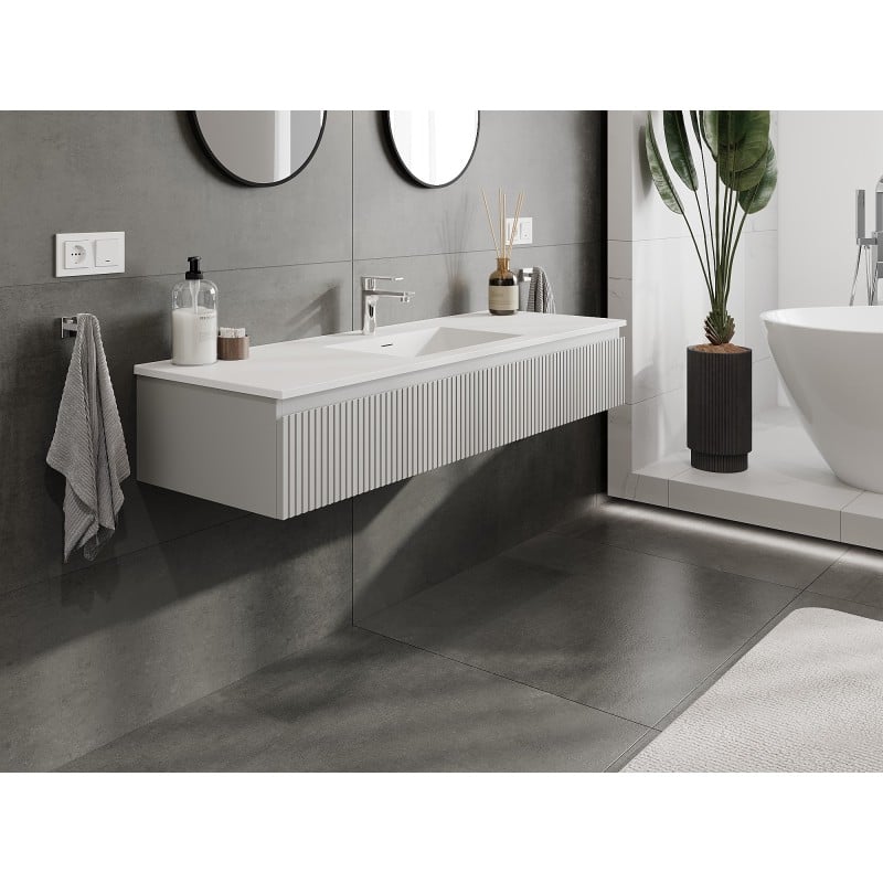 Mexen Rivel Badezimmerschrank 140 cm mit Waschbecken Otis, 1 Schublade, geriffelt, grau matt/weiß matt