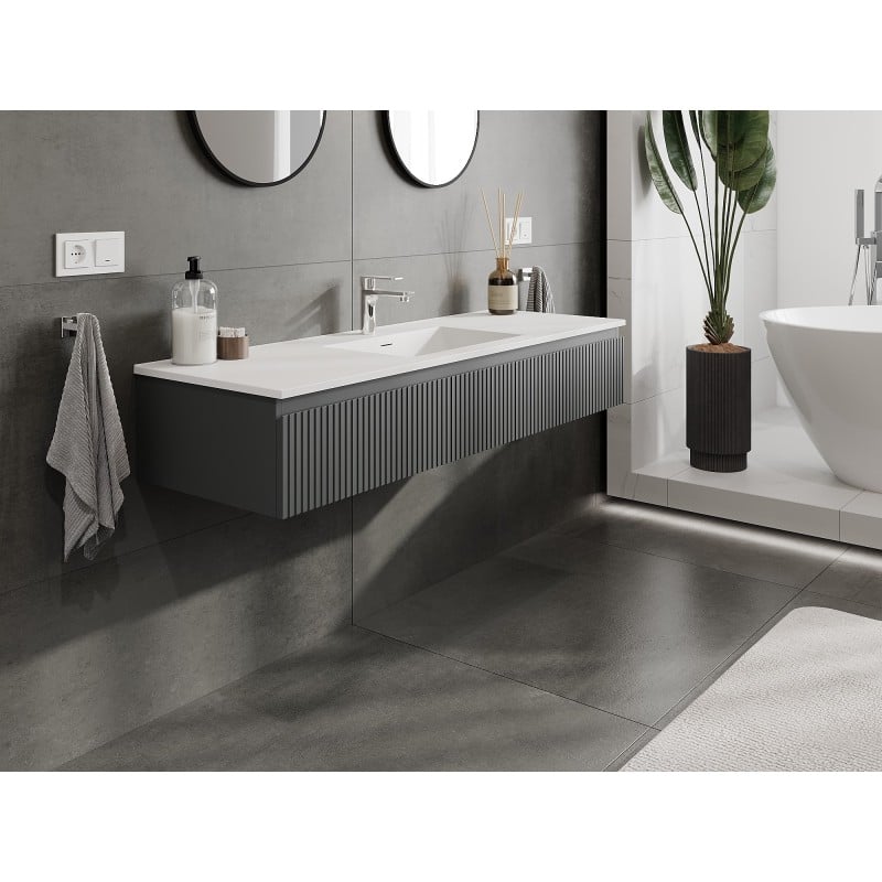 Mexen Rivel Badezimmerschrank 140 cm mit Waschbecken Otis, 1 Schublade, geriffelt, graphit matt/weiß matt -