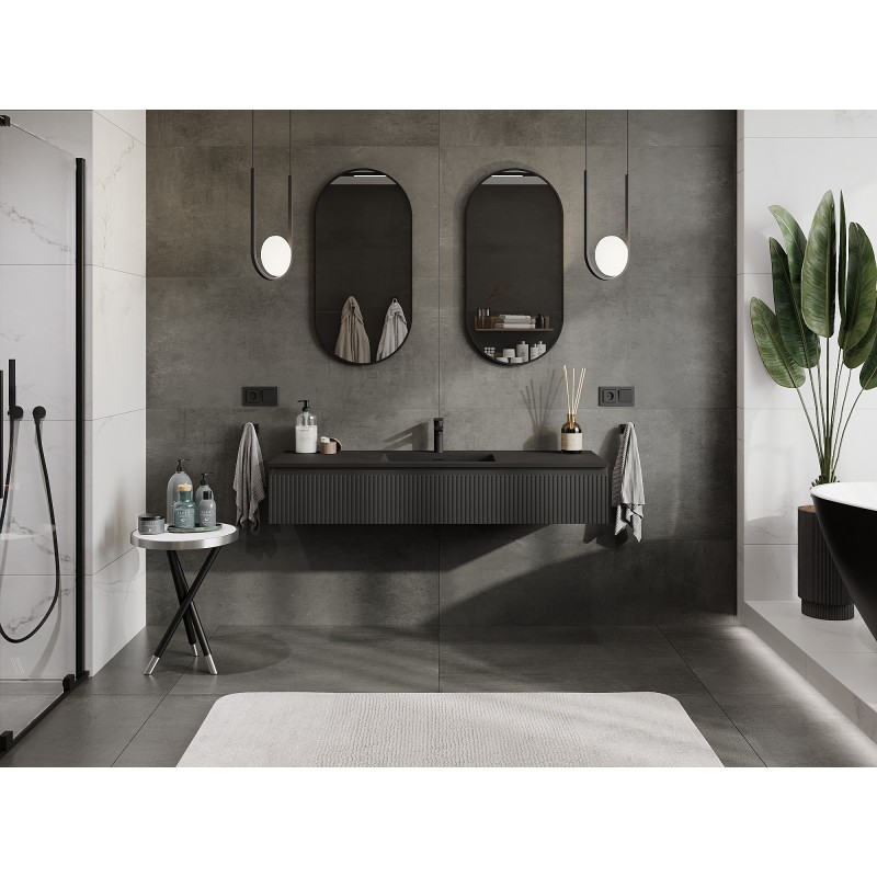 Mexen Rivel Badezimmerschrank 140 cm mit Waschbecken Otis, 1 Schublade, gerillt, schwarz matt - 91A20-14023-1-BF71-W18M71