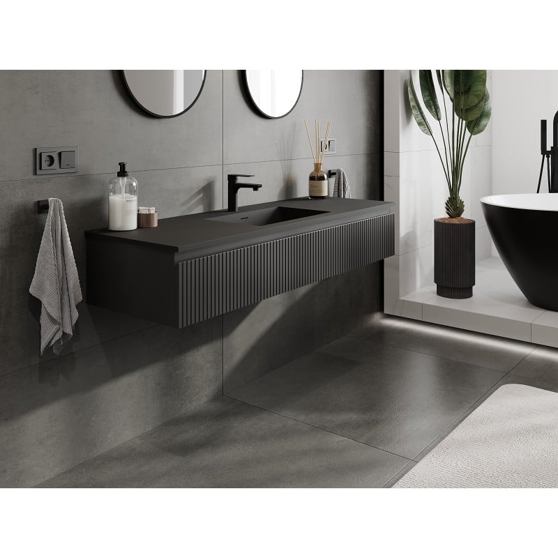 Mexen Rivel Badezimmerschrank 140 cm mit Waschbecken Otis, 1 Schublade, gerillt, schwarz matt - 91A20-14023-1-BF71-W18M71