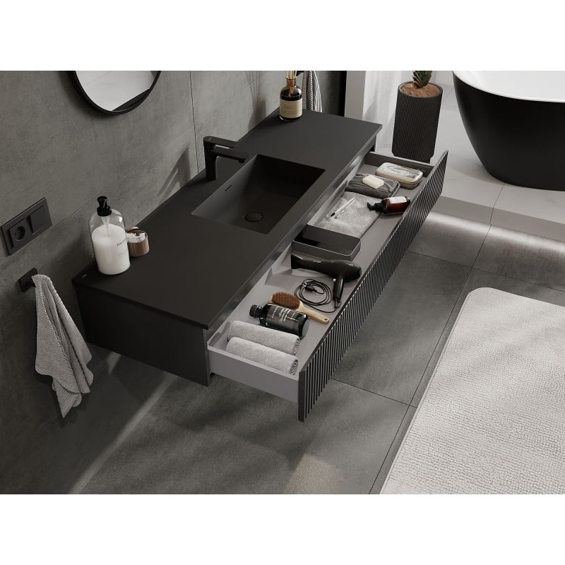 Mexen Rivel Badezimmerschrank 140 cm mit Waschbecken Otis, 1 Schublade, gerillt, schwarz matt - 91A20-14023-1-BF71-W18M71