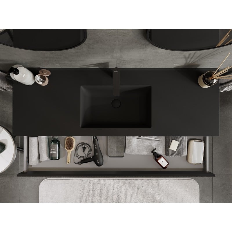 Mexen Rivel Badezimmerschrank 140 cm mit Waschbecken Otis, 1 Schublade, gerillt, schwarz matt - 91A20-14023-1-BF71-W18M71