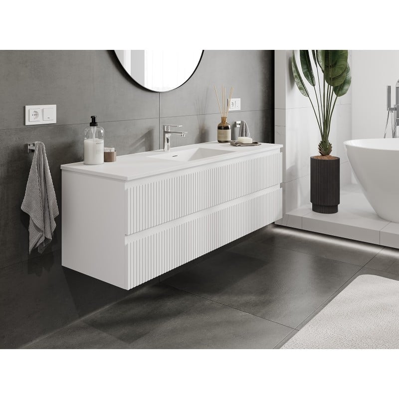 Mexen Rivel Badezimmer-Unterschrank 140 cm mit Waschbecken Otis, 2 Schubladen, gerillt, weiß matt - 91A20-14047-2-BFF01-W18M01