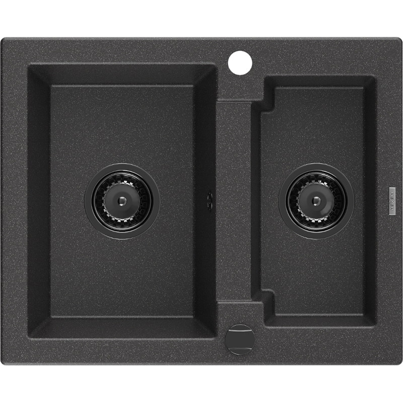 Mexen Carlos Granitspüle 1,5-Becken 582 x 475 mm, schwarz gesprenkelt, schwarzer Siphon - 6518581500-76-B