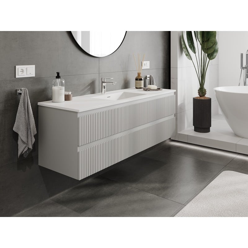 Mexen Rivel Badezimmerschrank 140 cm mit Waschbecken Otis, 2 Schubladen, geriffelt, grau matt/weiß matt -