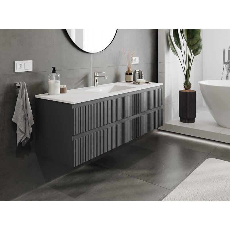 Mexen Rivel Badezimmerschrank 140 cm mit Waschbecken Otis, 2 Schubladen, geriffelt, graphit matt/weiß matt -