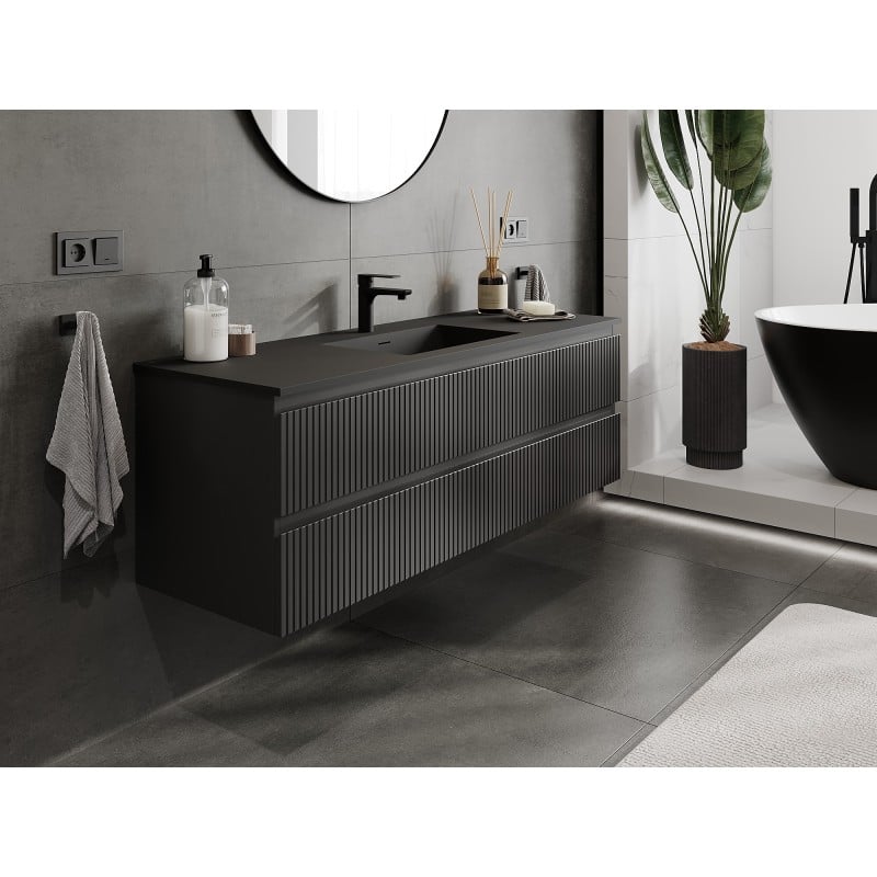 Mexen Rivel Badezimmerschrank 140 cm mit Waschbecken Otis, 2 Schubladen, gerillt, schwarz matt - 91A20-14047-2-BFF71-W18M71