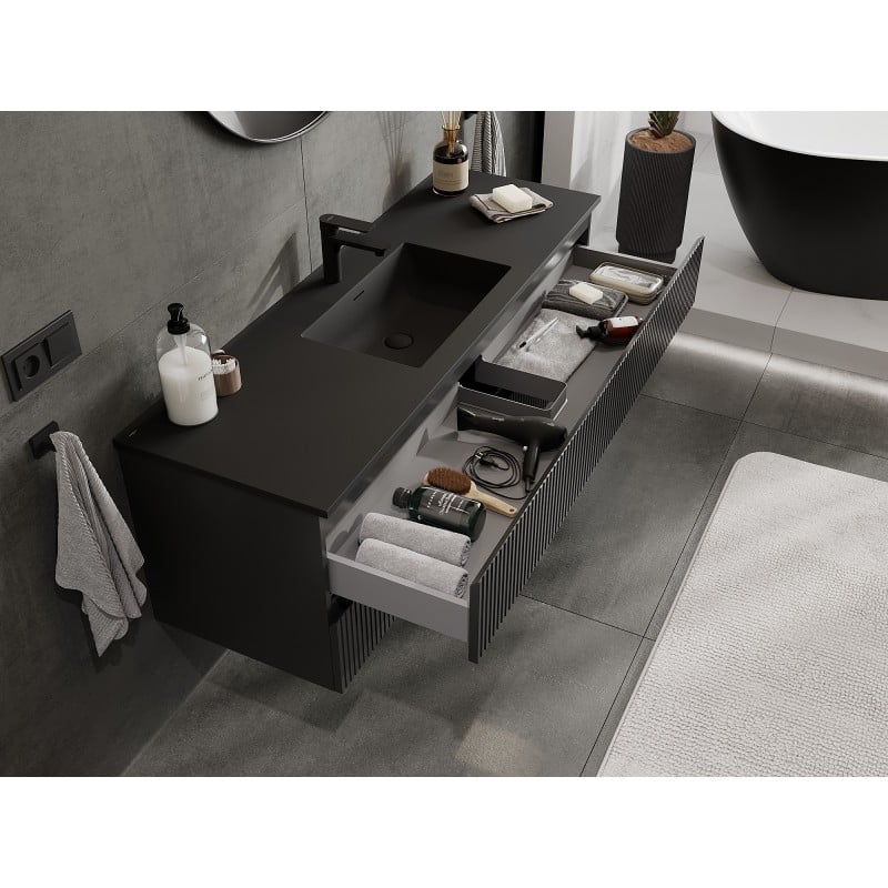 Mexen Rivel Badezimmerschrank 140 cm mit Waschbecken Otis, 2 Schubladen, gerillt, schwarz matt - 91A20-14047-2-BFF71-W18M71