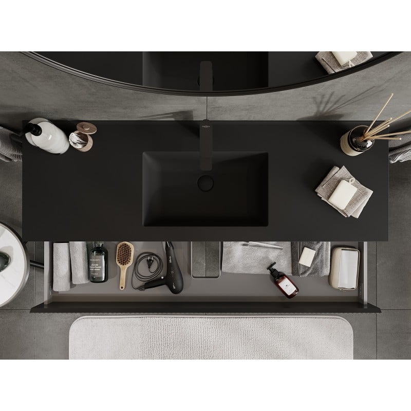 Mexen Rivel Badezimmerschrank 140 cm mit Waschbecken Otis, 2 Schubladen, gerillt, schwarz matt - 91A20-14047-2-BFF71-W18M71