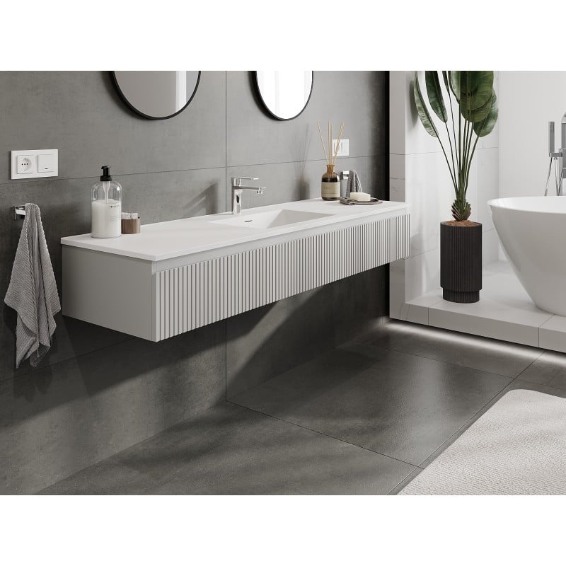 Mexen Rivel Badezimmerschrank 160 cm mit Waschbecken Otis, 1 Schublade, geriffelt, grau matt/weiß matt
