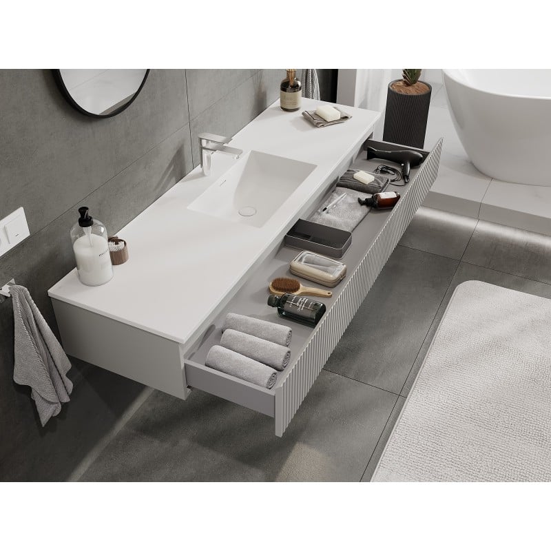 Mexen Rivel Badezimmerschrank 160 cm mit Waschbecken Otis, 1 Schublade, geriffelt, grau matt/weiß matt