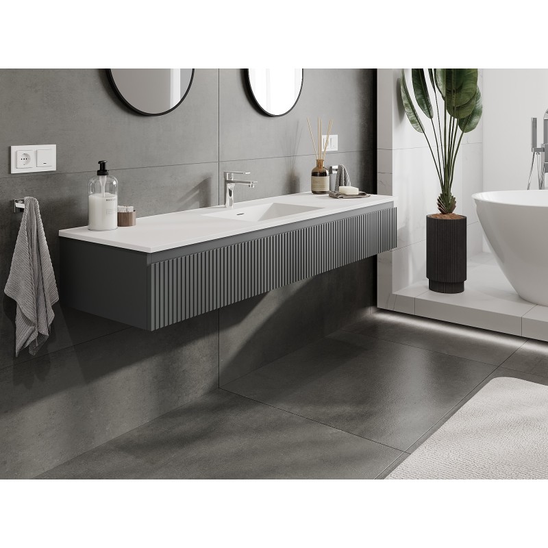 Mexen Rivel Badezimmerschrank 160 cm mit Waschbecken Otis, 1 Schublade, gerillt, Graphit Matt/Weiß Matt -