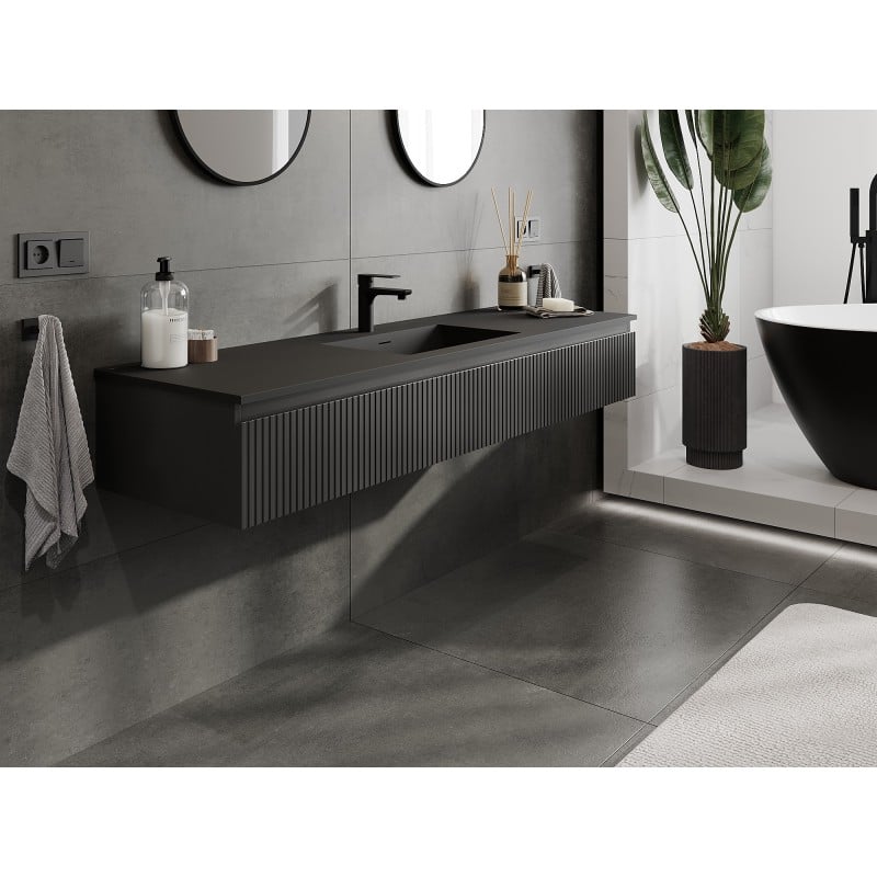 Mexen Rivel Badezimmerschrank 160 cm mit Waschbecken Otis, 1 Schublade, geriffelt, schwarz matt - 91A20-16023-1-BF71-W18M71