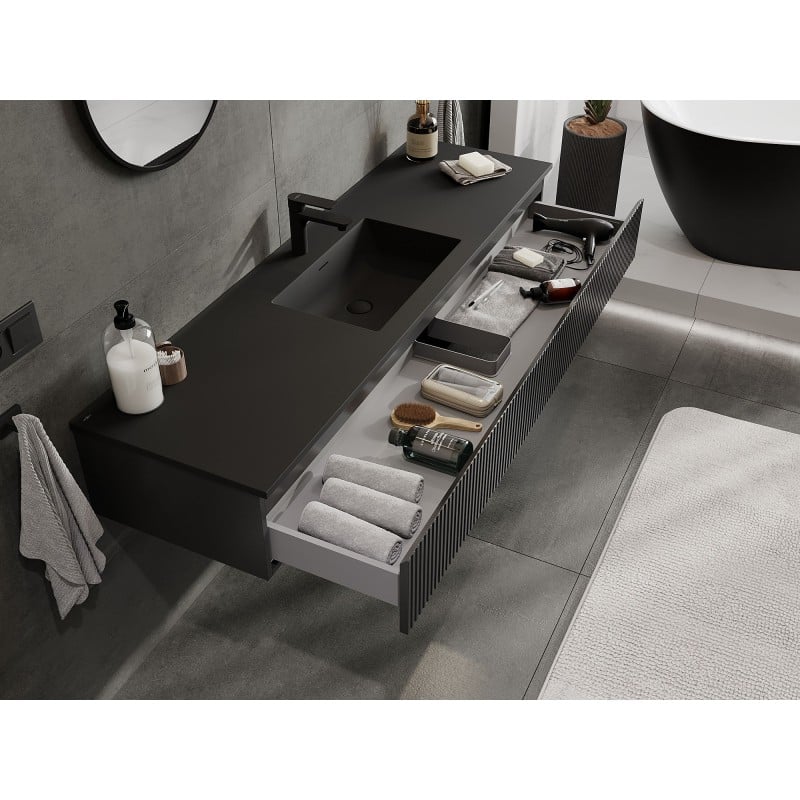 Mexen Rivel Badezimmerschrank 160 cm mit Waschbecken Otis, 1 Schublade, geriffelt, schwarz matt - 91A20-16023-1-BF71-W18M71