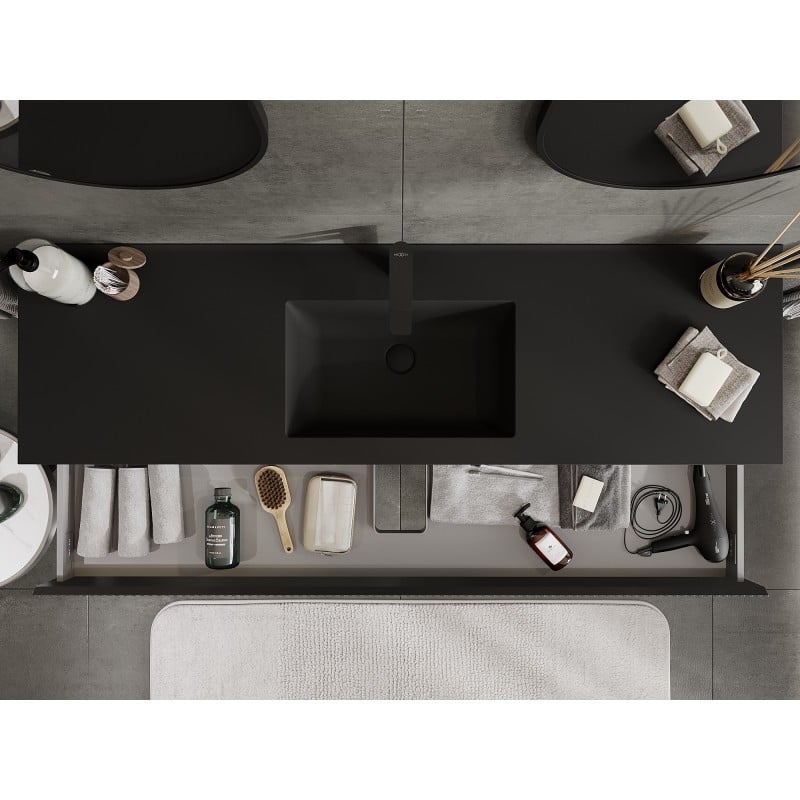 Mexen Rivel Badezimmerschrank 160 cm mit Waschbecken Otis, 1 Schublade, geriffelt, schwarz matt - 91A20-16023-1-BF71-W18M71