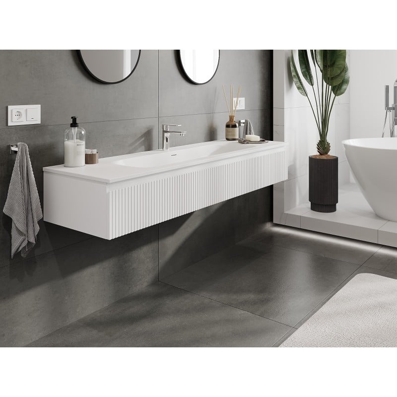 Mexen Rivel Badezimmerschrank 160 cm mit Waschbecken Vela, 1 Schublade, geriffelt, weiß matt - 91A20-16023-1-BF01-W23M01