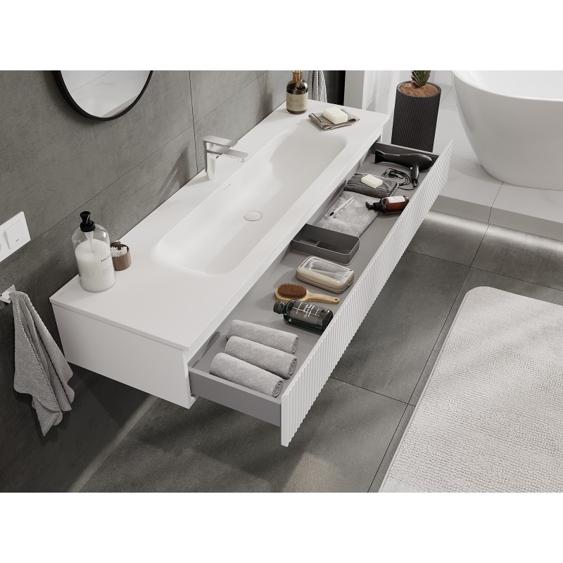 Mexen Rivel Badezimmerschrank 160 cm mit Waschbecken Vela, 1 Schublade, geriffelt, weiß matt - 91A20-16023-1-BF01-W23M01
