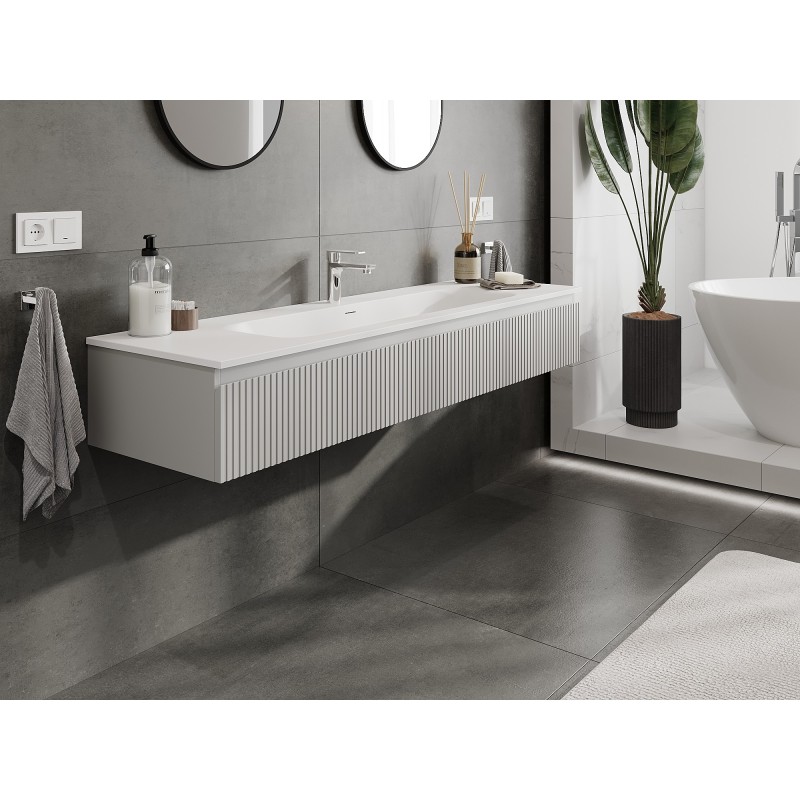 Mexen Rivel Badezimmerschrank 140 cm mit Waschbecken Vela, 1 Schublade, geriffelt, grau matt/weiß matt