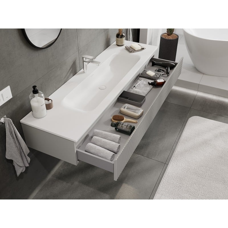 Mexen Rivel Badezimmerschrank 140 cm mit Waschbecken Vela, 1 Schublade, geriffelt, grau matt/weiß matt