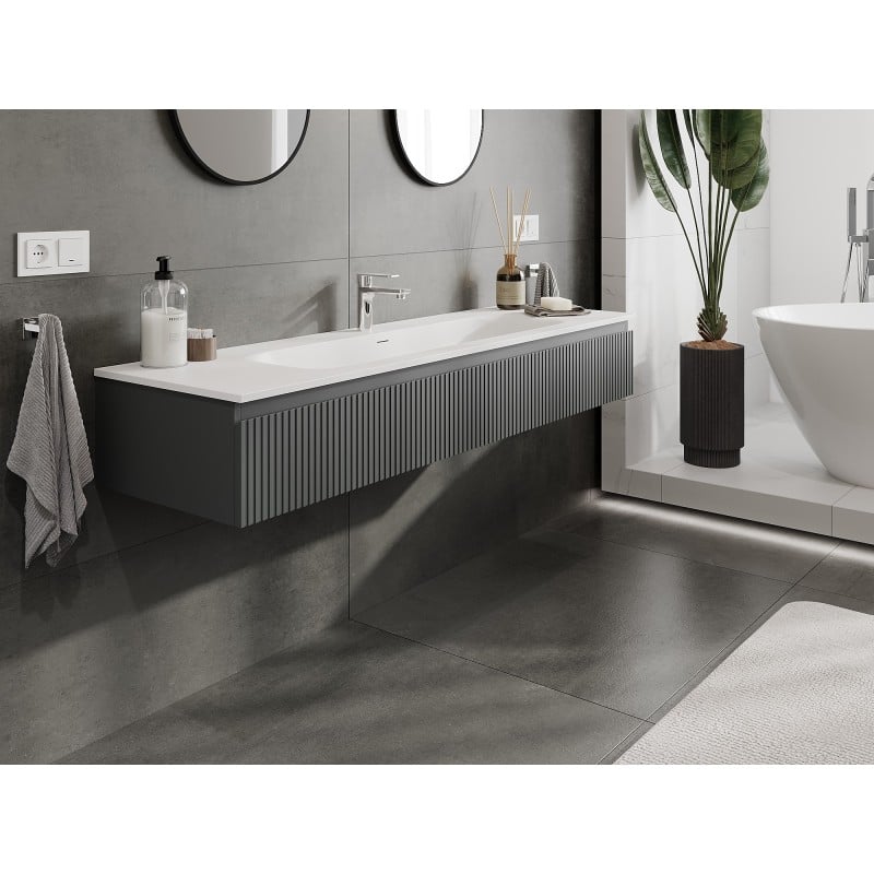 Mexen Rivel Badezimmerschrank 160 cm mit Waschtisch Vela, 1 Schublade, geriffelt, Graphit matt/Weiß matt -