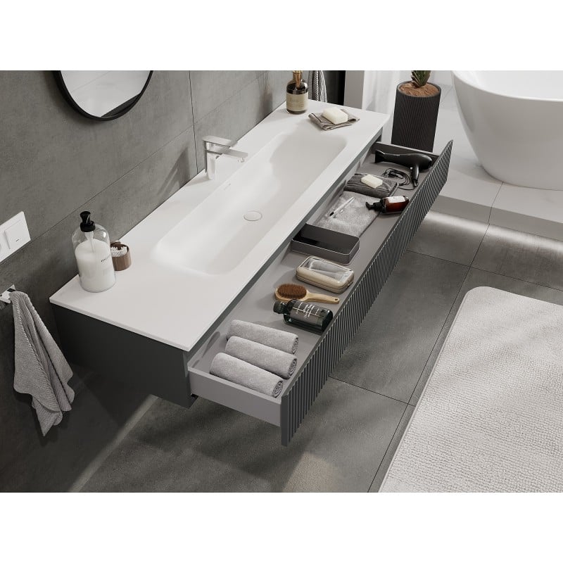 Mexen Rivel Badezimmerschrank 160 cm mit Waschtisch Vela, 1 Schublade, geriffelt, Graphit matt/Weiß matt -