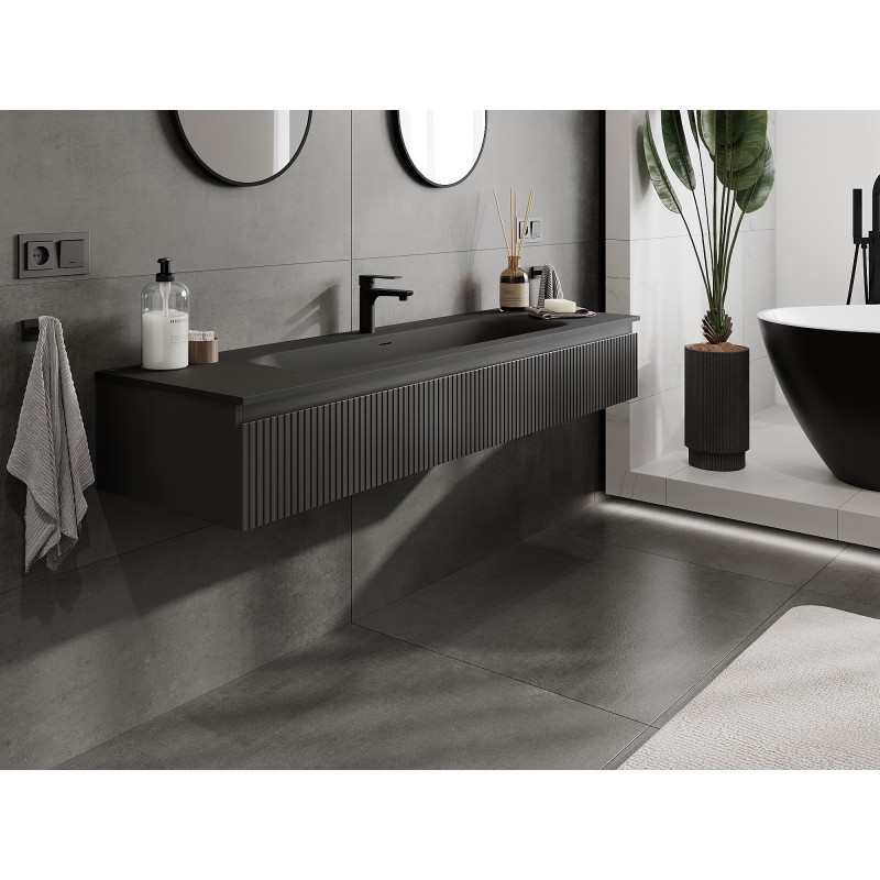 Mexen Rivel Badezimmerschrank 160 cm mit Waschbecken Vela, 1 Schublade, geriffelt, schwarz matt - 91A20-16023-1-BF71-W23M71