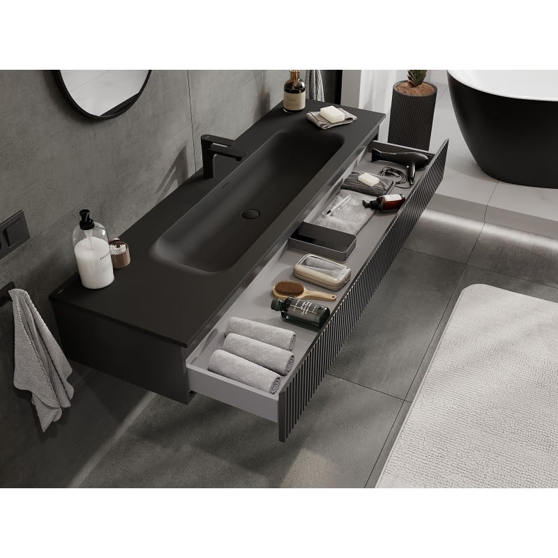 Mexen Rivel Badezimmermöbel 160 cm mit Vela-Waschbecken, 1 Schublade, gerillt, schwarz matt - 91A20-16023-1-BF71-W23M71