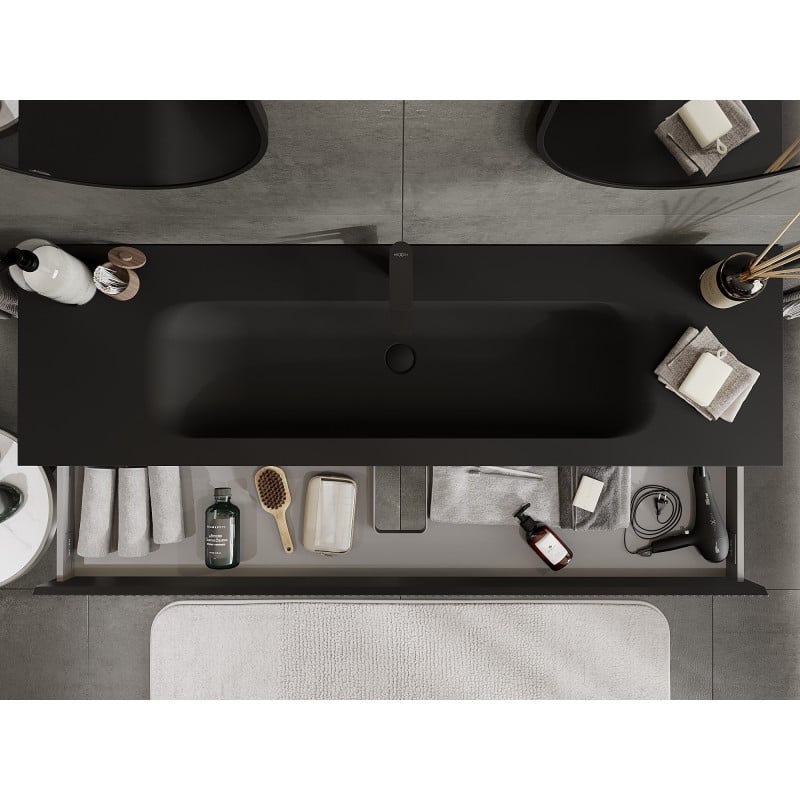 Mexen Rivel Badezimmermöbel 160 cm mit Vela-Waschbecken, 1 Schublade, gerillt, schwarz matt - 91A20-16023-1-BF71-W23M71