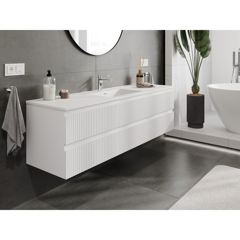 Mexen Rivel Badezimmerschrank 160 cm mit Waschbecken Otis, 2 Schubladen, geriffelt, weiß matt - 91A20-16047-2-BFF01-W18M01