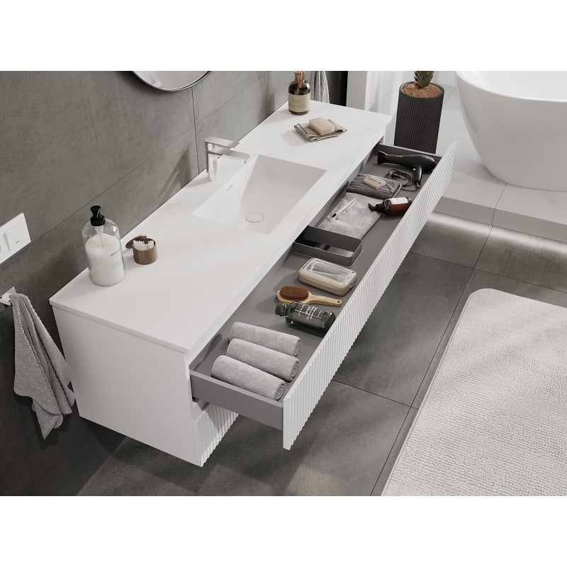 Mexen Rivel Badezimmerschrank 160 cm mit Waschbecken Otis, 2 Schubladen, geriffelt, weiß matt - 91A20-16047-2-BFF01-W18M01