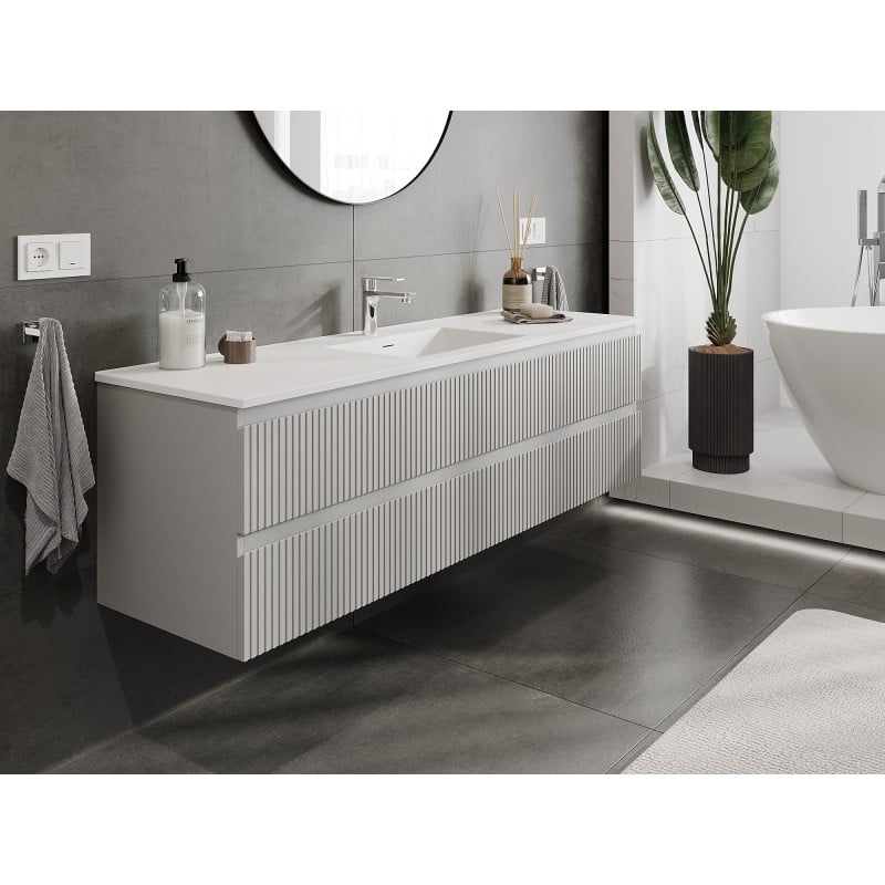 Mexen Rivel Badezimmerschrank 160 cm mit Waschbecken Otis, 2 Schubladen, geriffelt, grau matt/weiß matt -