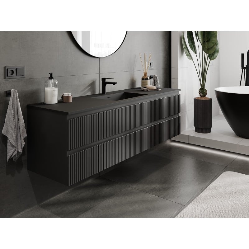 Mexen Rivel Badezimmerschrank 160 cm mit Waschbecken Otis, 2 Schubladen, gerillt, schwarz matt - 91A20-16047-2-BFF71-W18M71