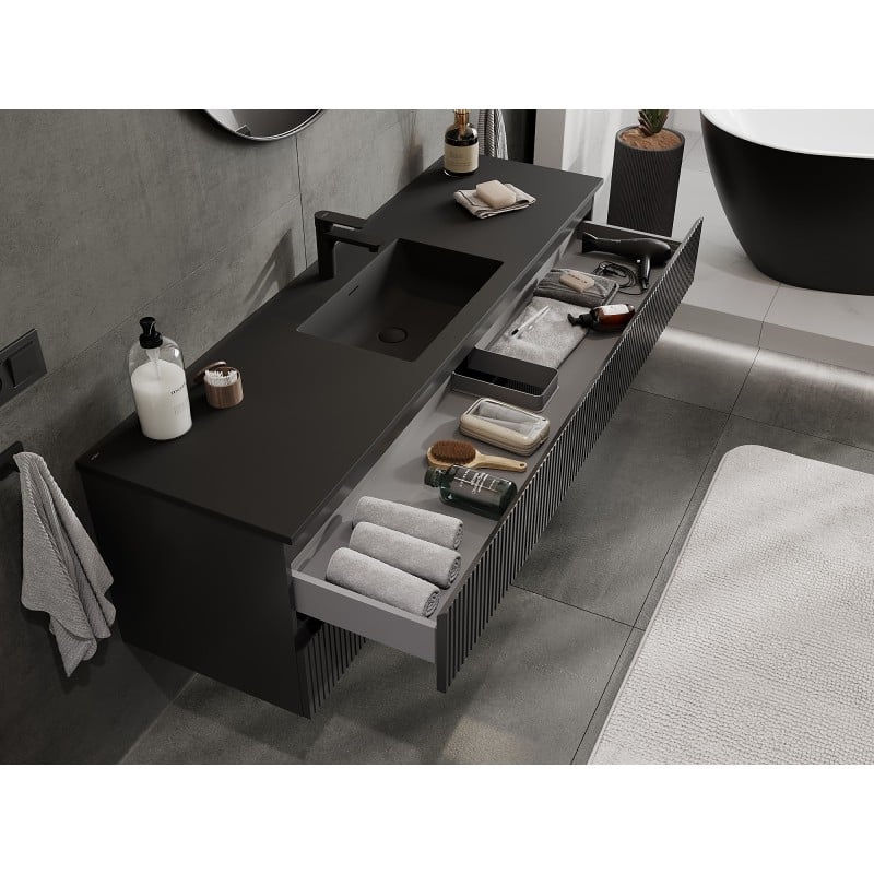 Mexen Rivel Badezimmerschrank 160 cm mit Waschbecken Otis, 2 Schubladen, gerillt, schwarz matt - 91A20-16047-2-BFF71-W18M71