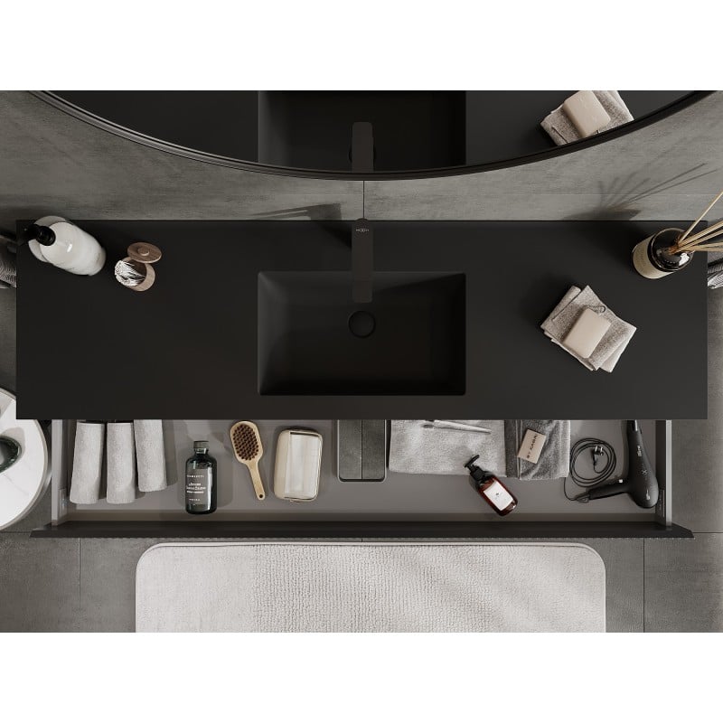 Mexen Rivel Badezimmerschrank 160 cm mit Waschbecken Otis, 2 Schubladen, gerillt, schwarz matt - 91A20-16047-2-BFF71-W18M71