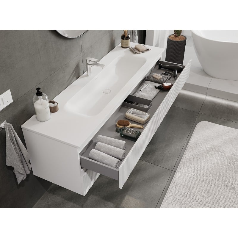 Mexen Rivel Badezimmermöbel 160 cm mit Waschbecken Vela, 2 Schubladen, geriffelt, weiß matt - 91A20-16047-2-BFF01-W23M01