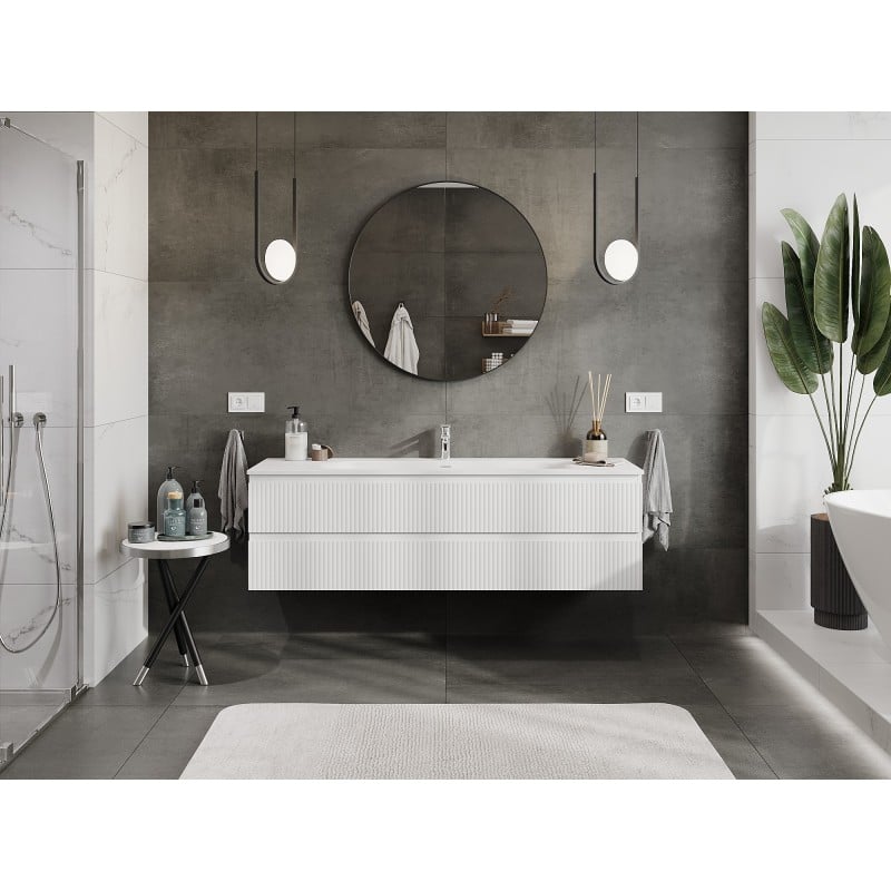 Mexen Rivel Badezimmermöbel 160 cm mit Waschbecken Vela, 2 Schubladen, geriffelt, weiß matt - 91A20-16047-2-BFF01-W23M01