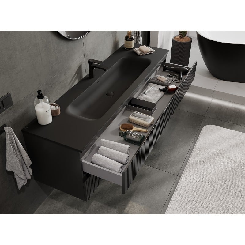 Mexen Rivel Badezimmerschrank 160 cm mit Waschbecken Vela, 2 Schubladen, geriffelt, schwarz matt - 91A20-16047-2-BFF71-W23M71
