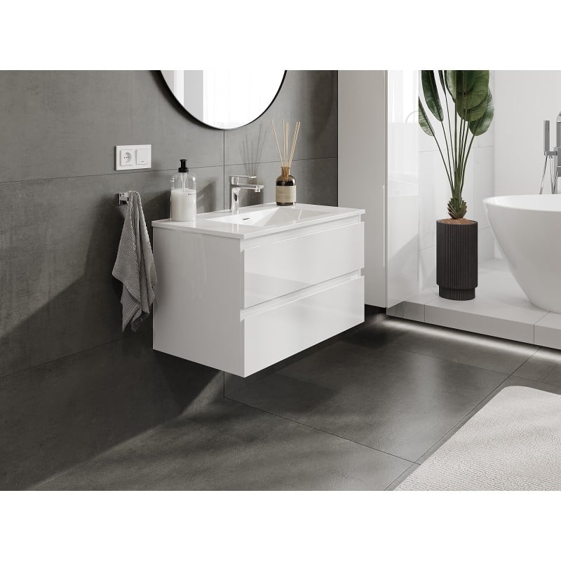Mexen Orio Badezimmerschrank 80 cm mit Waschbecken Otis, 2 Schubladen, weiß glänzend - 91A10-08047-2-BFF00-W18M00