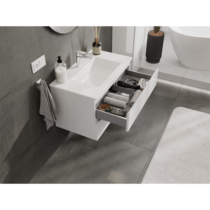 Mexen Orio Badezimmerschrank 80 cm mit Waschbecken Otis, 2 Schubladen, weiß glänzend - 91A10-08047-2-BFF00-W18M00