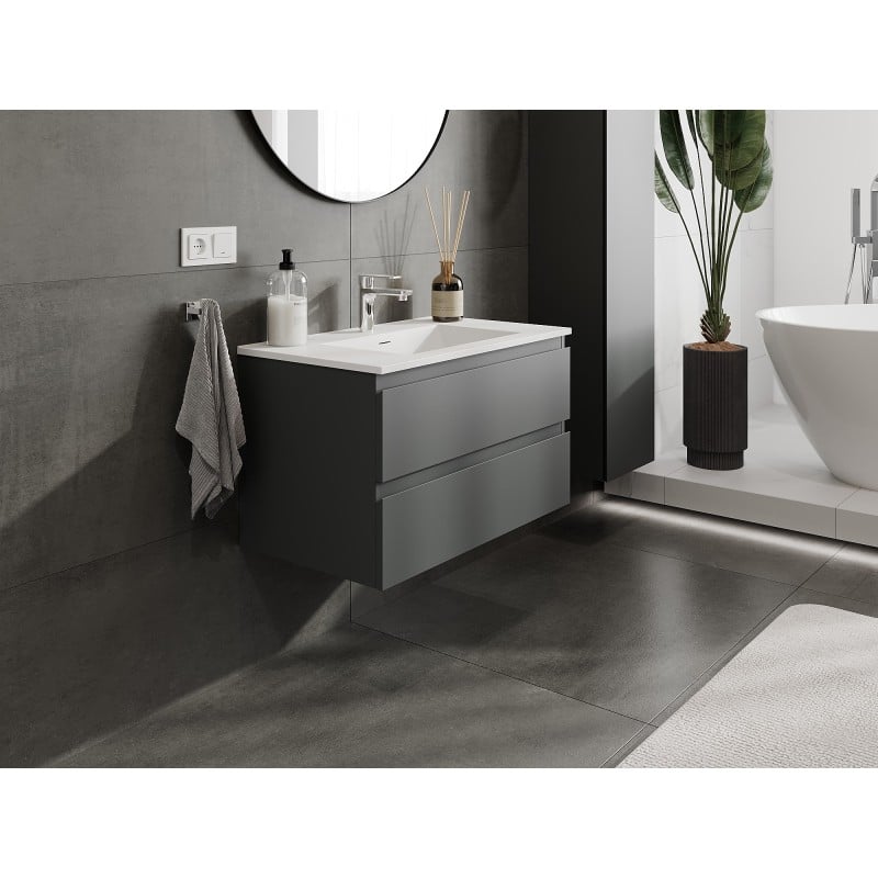 Mexen Orio Badezimmer-Unterschrank 80 cm mit Waschbecken Otis, 2 Schubladen, Grafit matt/weiß matt - 91A10-08047-2-BFF66-W18M01