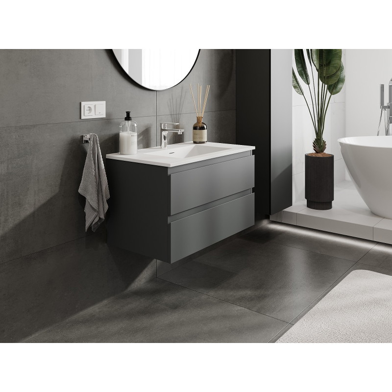 Mexen Orio Badezimmerschrank 80 cm mit Waschbecken Otis, 2 Schubladen, Graphit matt/weiß matt - 91A10-08047-2-BFF66-W18M01