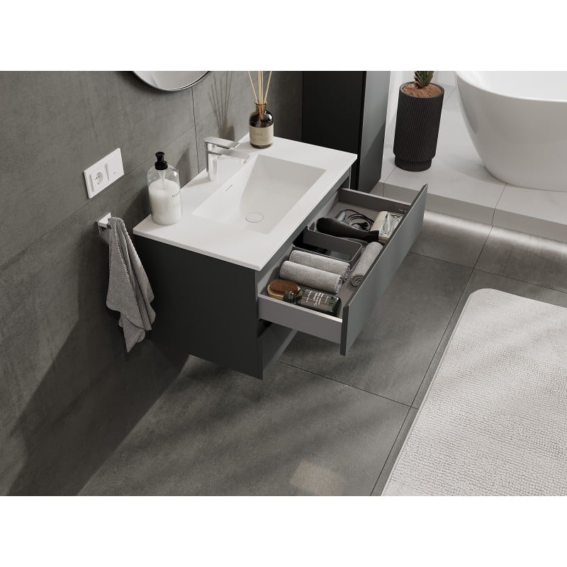 Mexen Orio Badezimmer-Unterschrank 80 cm mit Waschbecken Otis, 2 Schubladen, Grafit matt/weiß matt - 91A10-08047-2-BFF66-W18M01