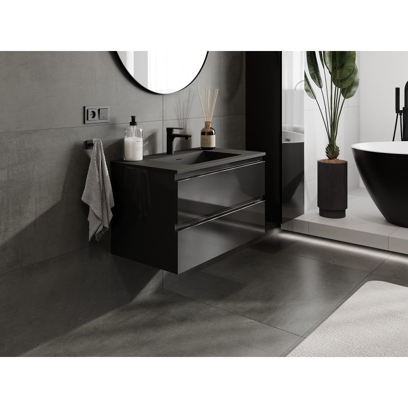 Mexen Orio Badezimmerschrank 80 cm mit Waschbecken Otis, 2 Schubladen, schwarz glänzend / schwarz matt
