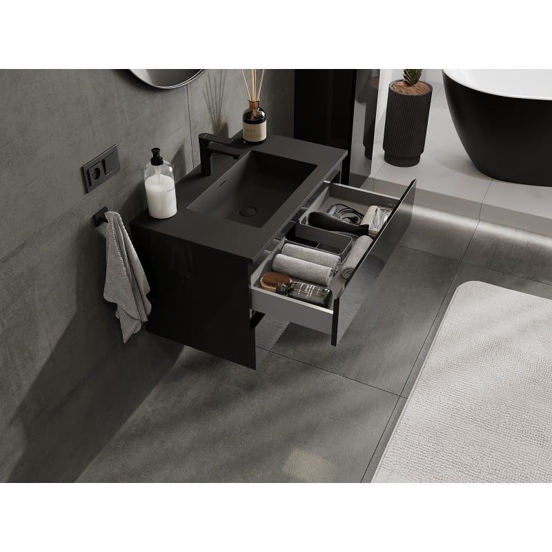 Mexen Orio Badezimmerschrank 80 cm mit Waschbecken Otis, 2 Schubladen, schwarz glänzend / schwarz matt