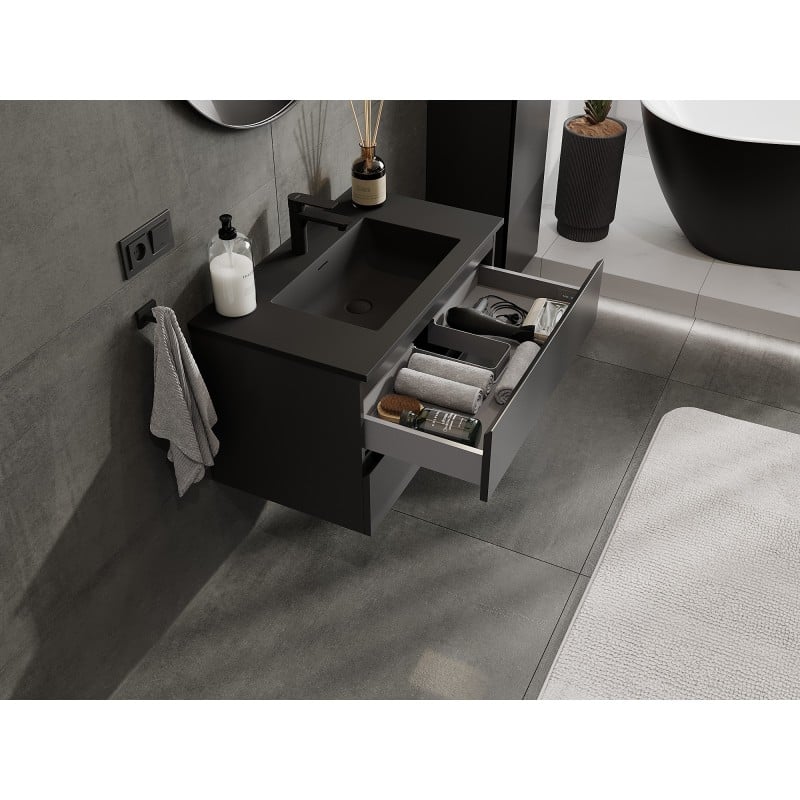 Mexen Orio Badezimmerunterschrank 80 cm mit Waschbecken Otis, 2 Schubladen, schwarz matt - 91A10-08047-2-BFF71-W18M71